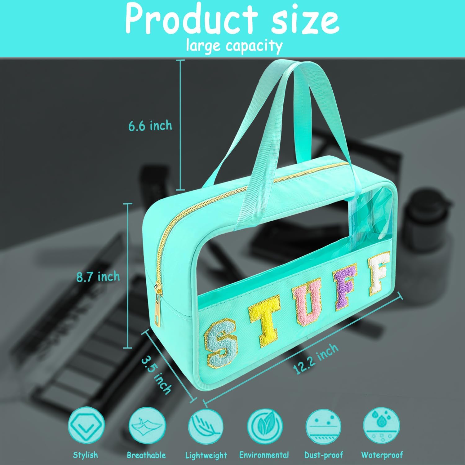 Chenille Letter Clear Makeup Bag Stuff Patch, Travel Toiletry Makeup Bag with Handle, Nylon Waterproof Makeup Bags clear cosmetic bag, preppy patch makeup bag for Women (STUFF-Mint Green)